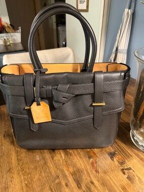 Reed Krakoff Black Pebbled Leather Boxer bag  with tan/ gray canvas  Interior